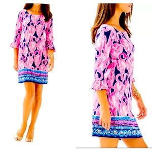 Gorgeous Lilly Pulitzer Sophie High Tide Navy Via Amor Flamingo Dress S! So fun!
